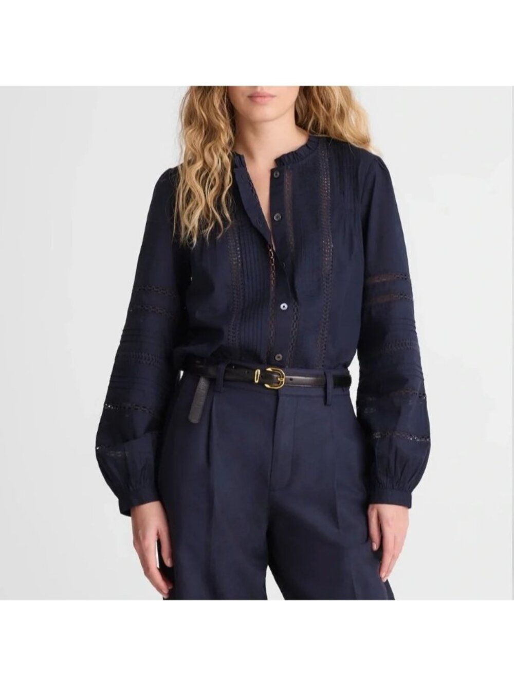 NWT Madewell Lace-Insert High-Neck Pintuck Top Sz L Navy Blouse Ruffle Feminine